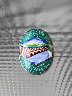 Vintage Hand-Painted Enamel Oval Brooch Pin - Abstract Art Landscape